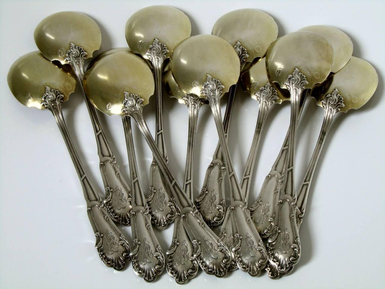 Soufflot French Sterling Silver 18-Karat Gold Ice Cream Spoons Set 12 Pcs Rococo 6
