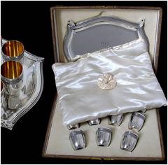 French Sterling Silver 18-Karat Gold Liquor Cups, Original Tray and Box Empire