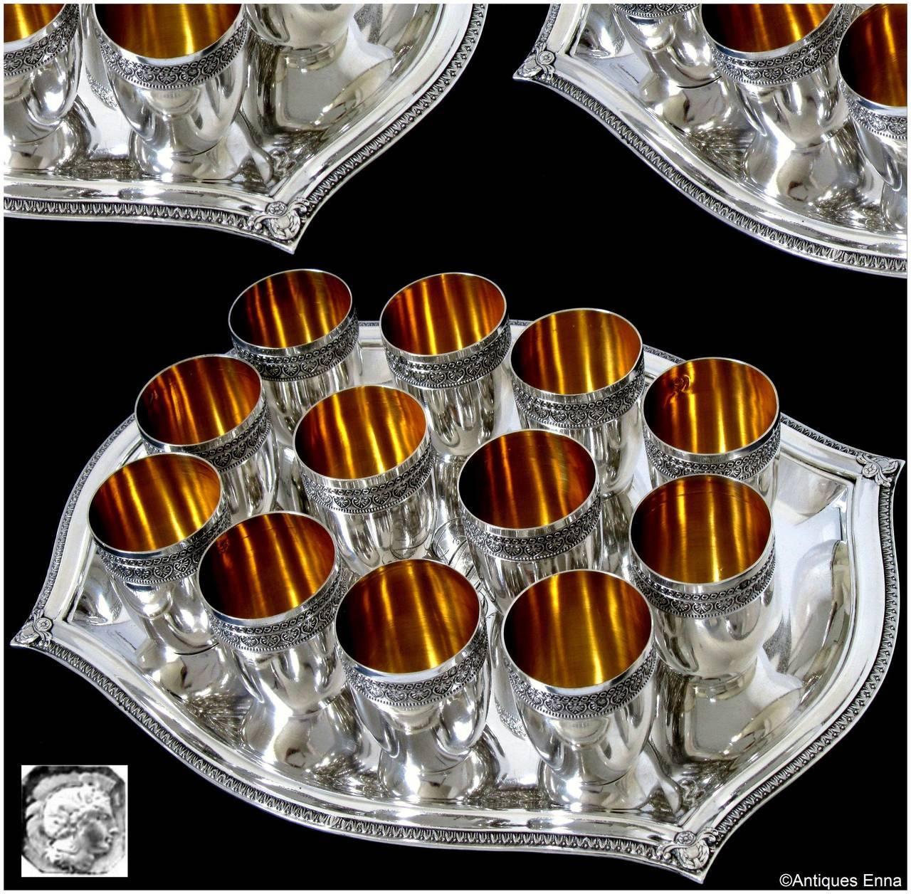 French Sterling Silver 18-Karat Gold Liquor Cups, Original Tray and Box Empire In Good Condition For Sale In TRIAIZE, PAYS DE LOIRE
