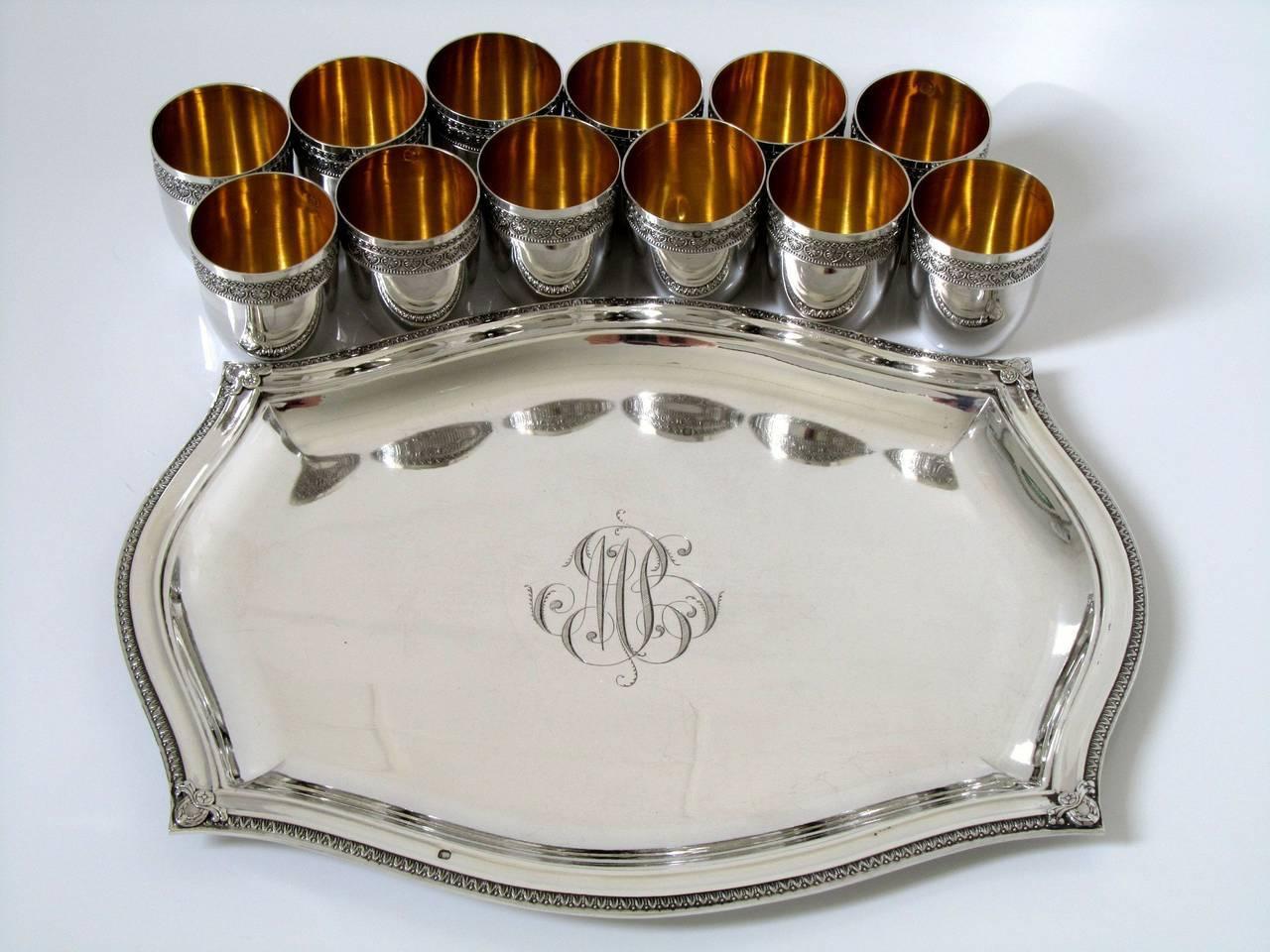 Late 19th Century French Sterling Silver 18-Karat Gold Liquor Cups, Original Tray and Box Empire For Sale