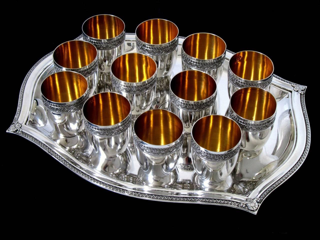 French Sterling Silver 18-Karat Gold Liquor Cups, Original Tray and Box Empire For Sale 1
