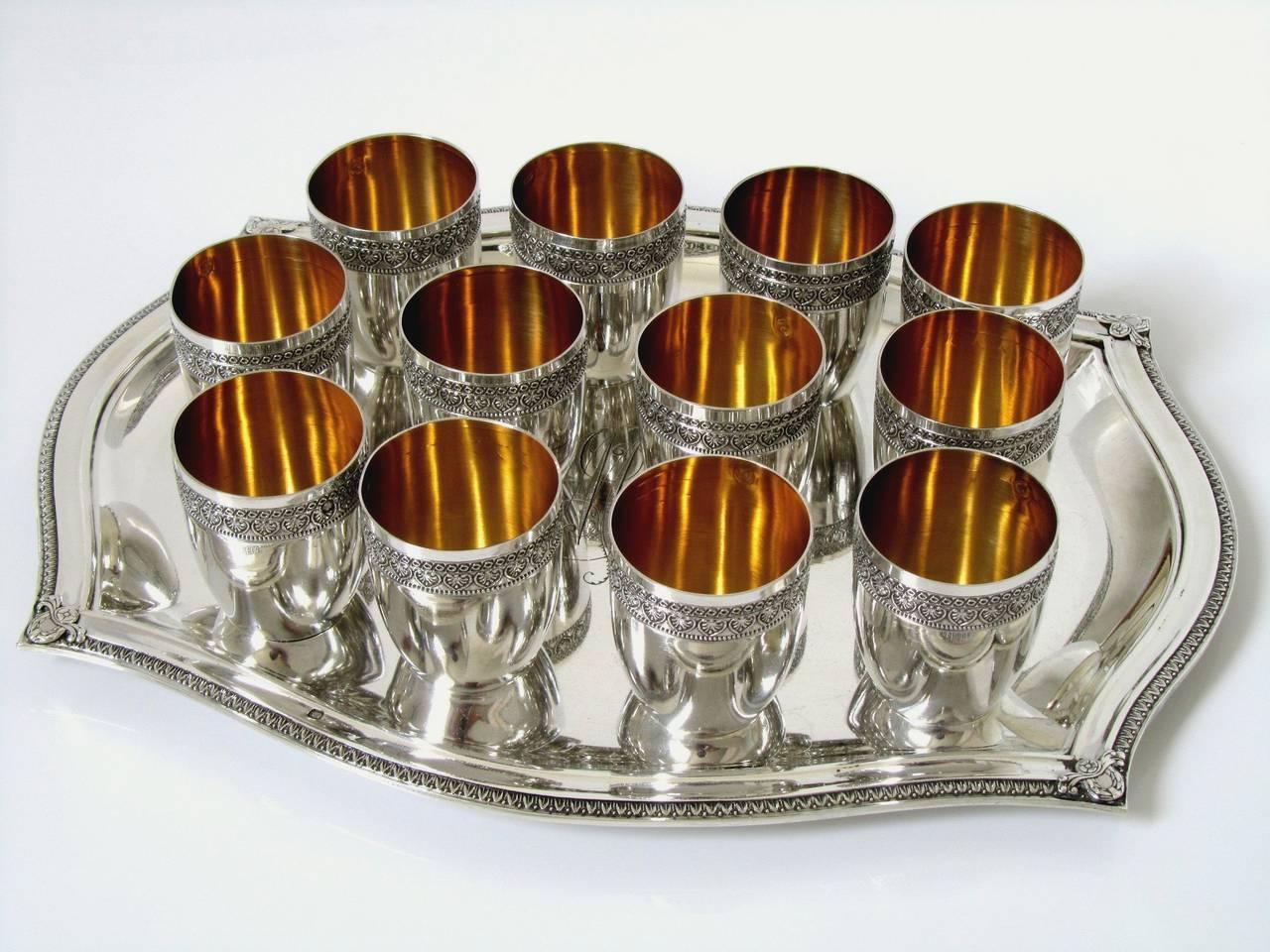 French Sterling Silver 18-Karat Gold Liquor Cups, Original Tray and Box Empire For Sale 2