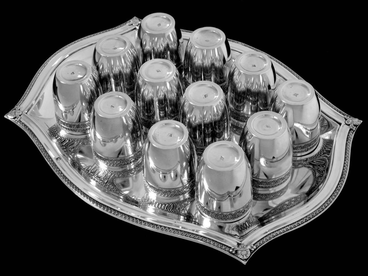 French Sterling Silver 18-Karat Gold Liquor Cups, Original Tray and Box Empire For Sale 4