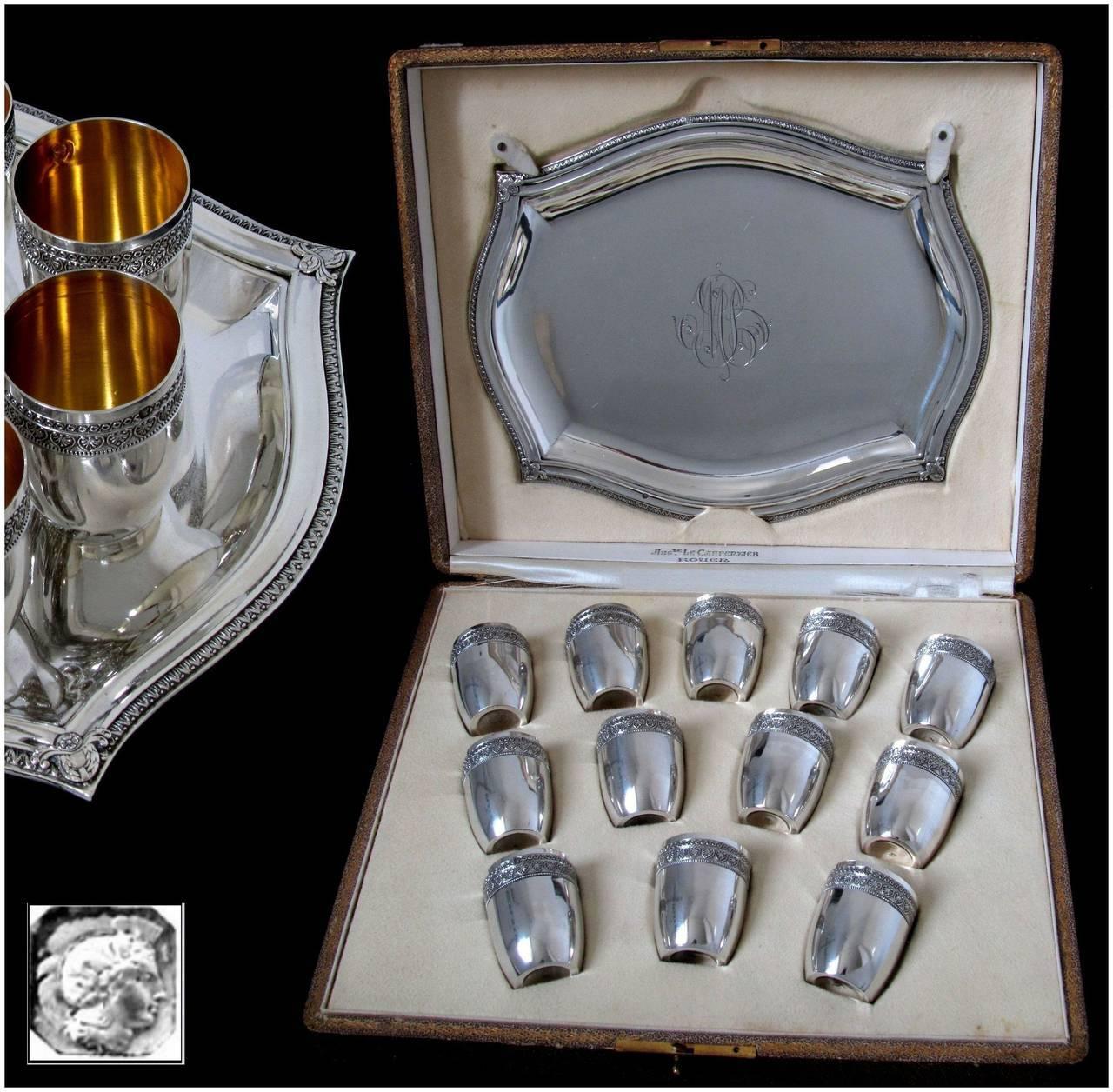 French Sterling Silver 18-Karat Gold Liquor Cups, Original Tray and Box Empire For Sale 5