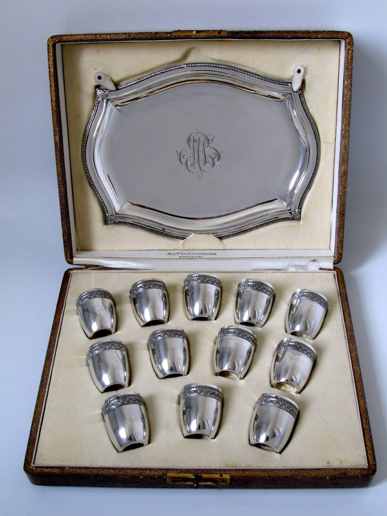 French Sterling Silver 18-Karat Gold Liquor Cups, Original Tray and Box Empire For Sale 6