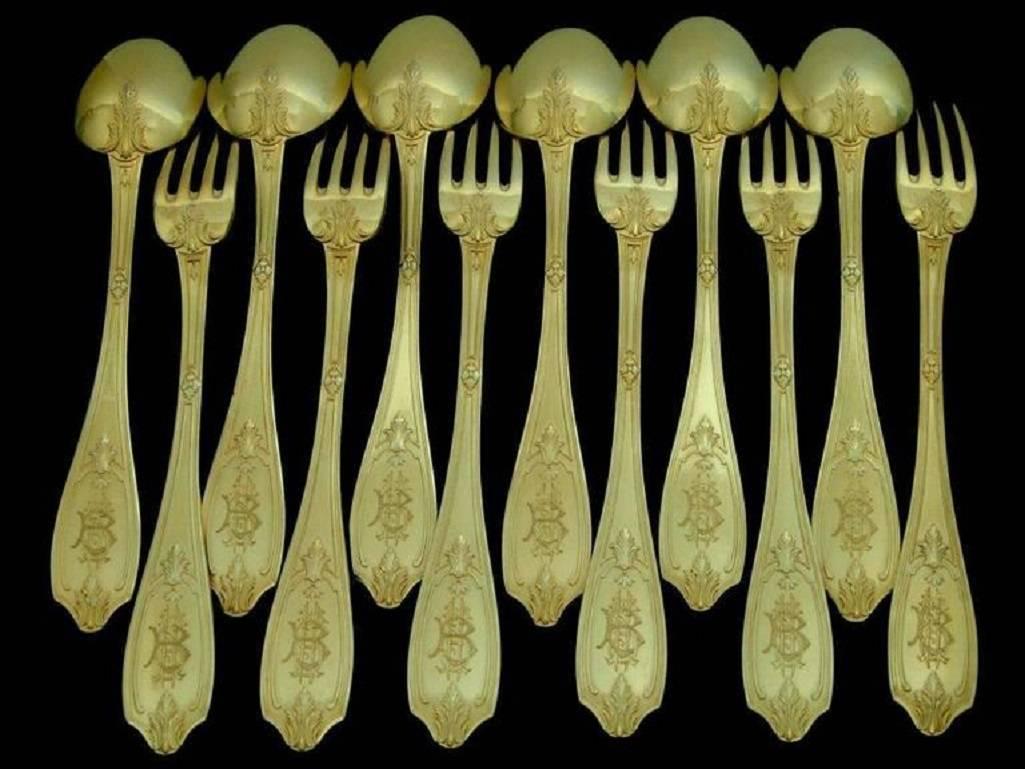 Late 19th Century Puiforcat French Sterling Silver 18-Karat Gold Flatware Set of 12 Pieces