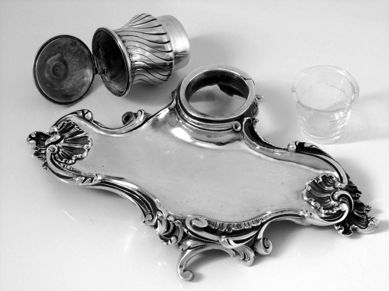Late 19th Century Canaux Rare French All Sterling Silver Inkwell Exaggerated Rococo Pattern For Sale