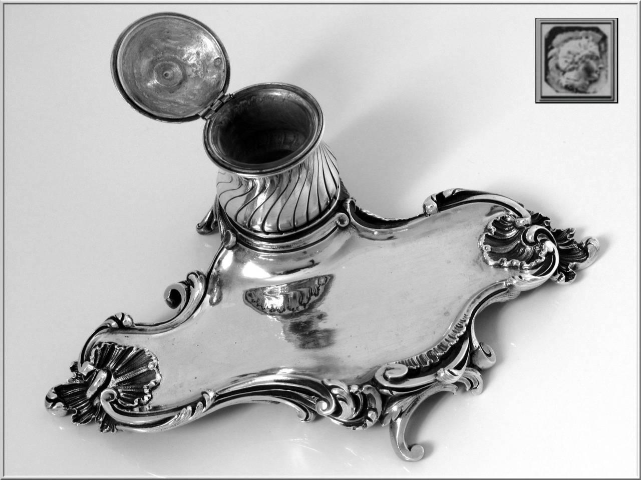 Canaux Rare French All Sterling Silver Inkwell Exaggerated Rococo Pattern For Sale 6