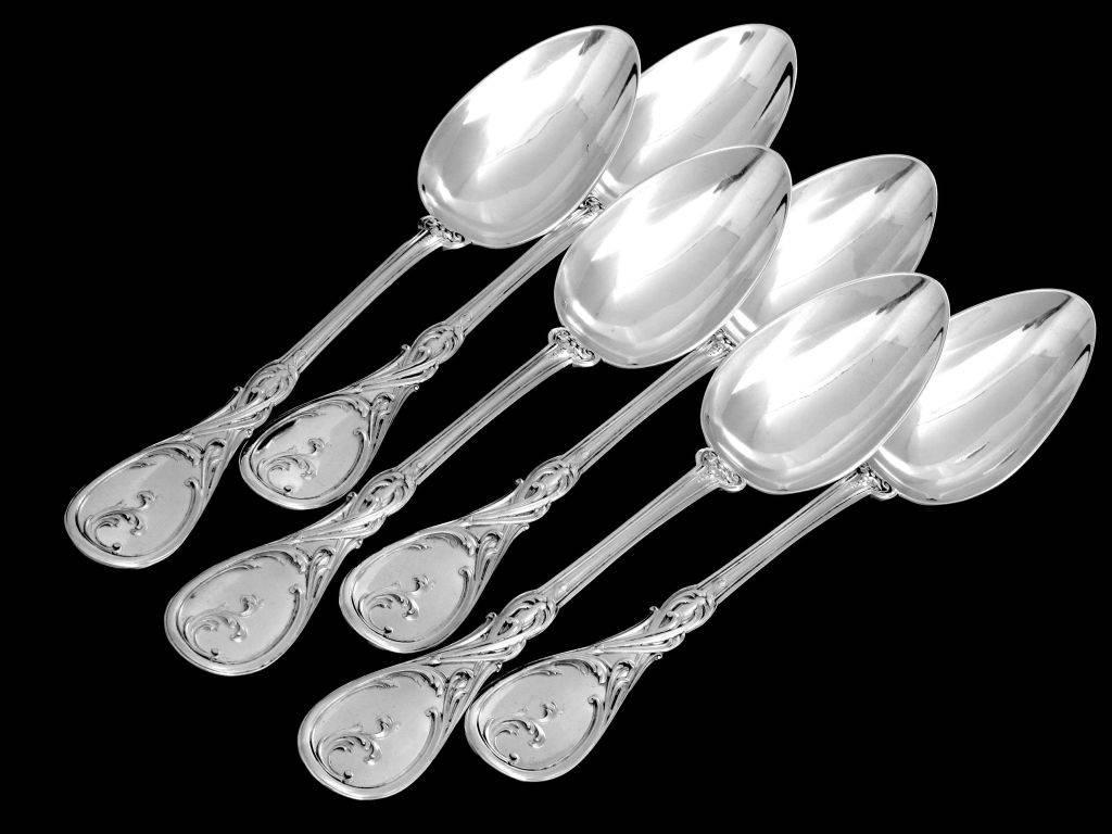 Veyrat Fabulous French Sterling Silver Dinner Flatware Set 12 Pieces Rococo For Sale 2