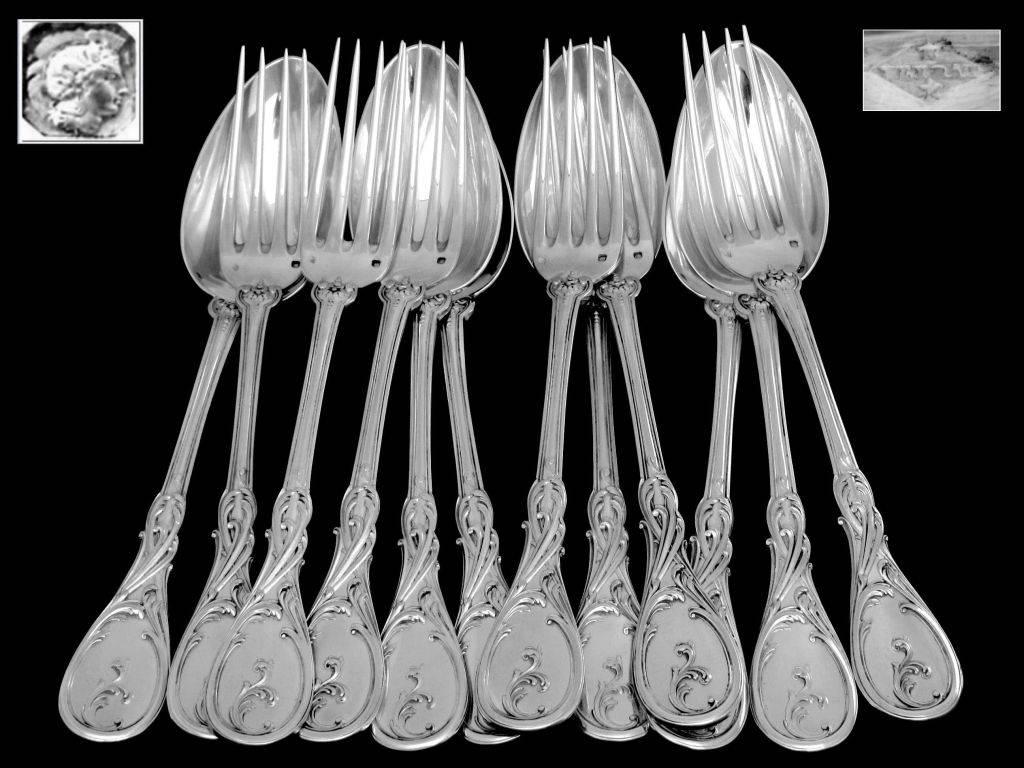 Veyrat Fabulous French Sterling Silver Dinner Flatware Set 12 Pieces Rococo For Sale 5