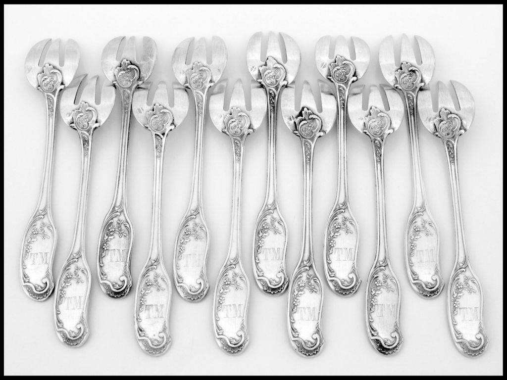 Art Nouveau Veyrat French All Sterling Silver Oyster Forks Set of 12 Pieces with Box Fantasy