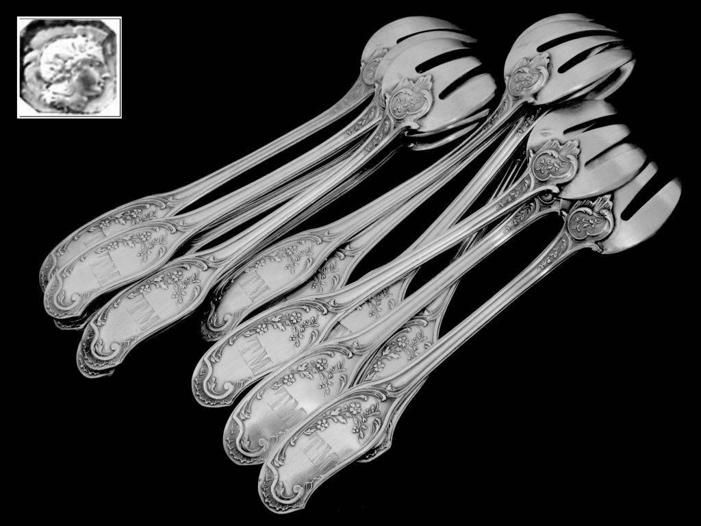 Late 19th Century Veyrat French All Sterling Silver Oyster Forks Set of 12 Pieces with Box Fantasy