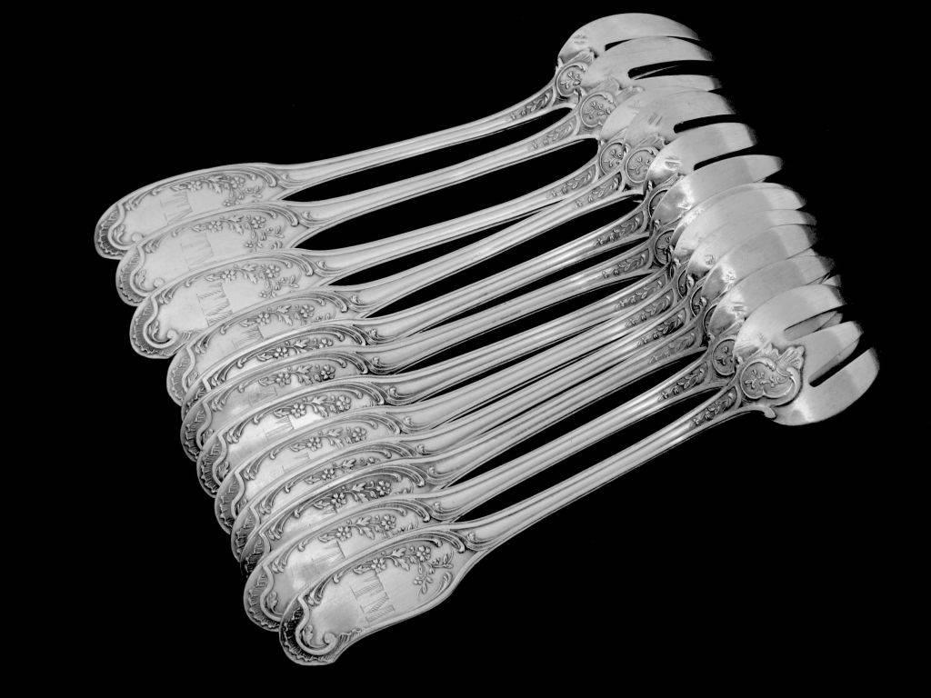Veyrat French All Sterling Silver Oyster Forks Set of 12 Pieces with Box Fantasy 1