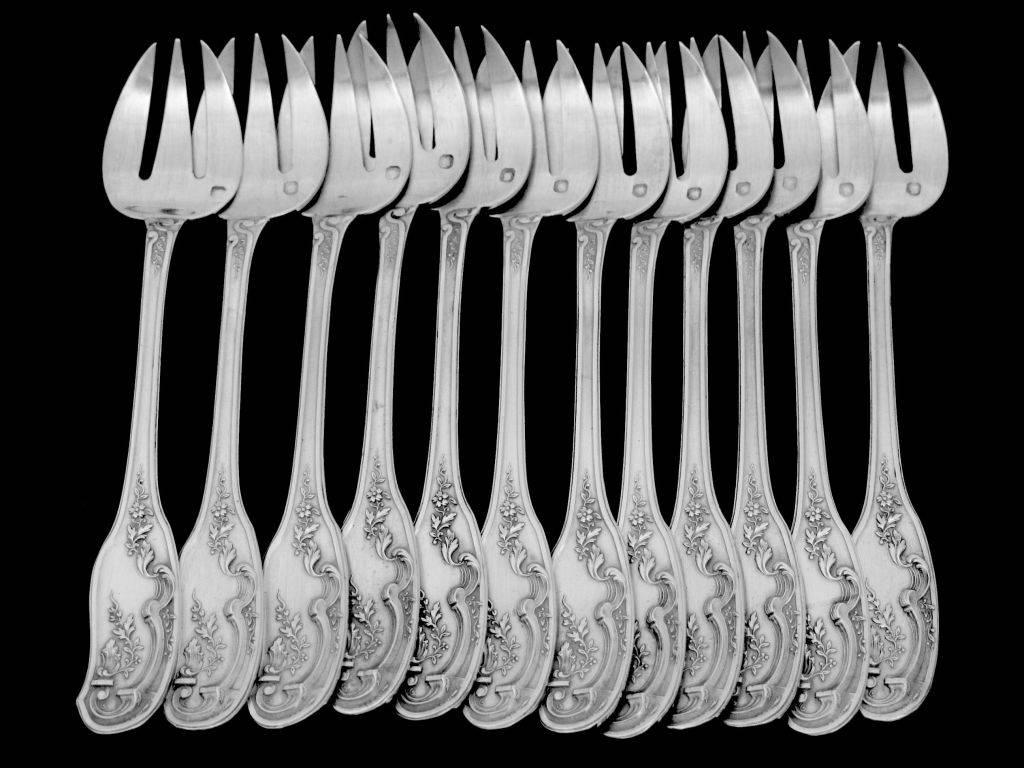 Veyrat French All Sterling Silver Oyster Forks Set of 12 Pieces with Box Fantasy 2