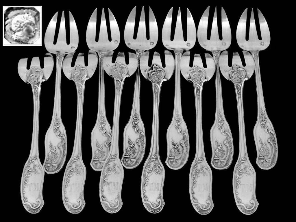 Veyrat French All Sterling Silver Oyster Forks Set of 12 Pieces with Box Fantasy 3