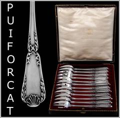 Puiforcat French All Sterling Silver Oyster Forks Set 12 Pieces Box Pompadour