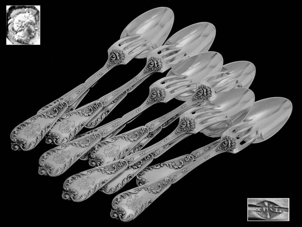 Lapeyre Gorgeous French Sterling Silver Dinner Flatware Set of 12 Pieces Rococo For Sale 1