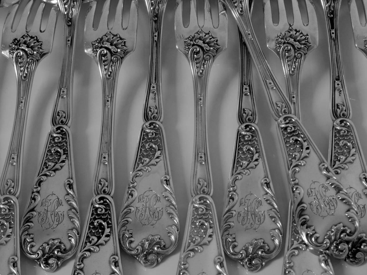 Lapeyre Gorgeous French Sterling Silver Dinner Flatware Set of 12 Pieces Rococo For Sale 2