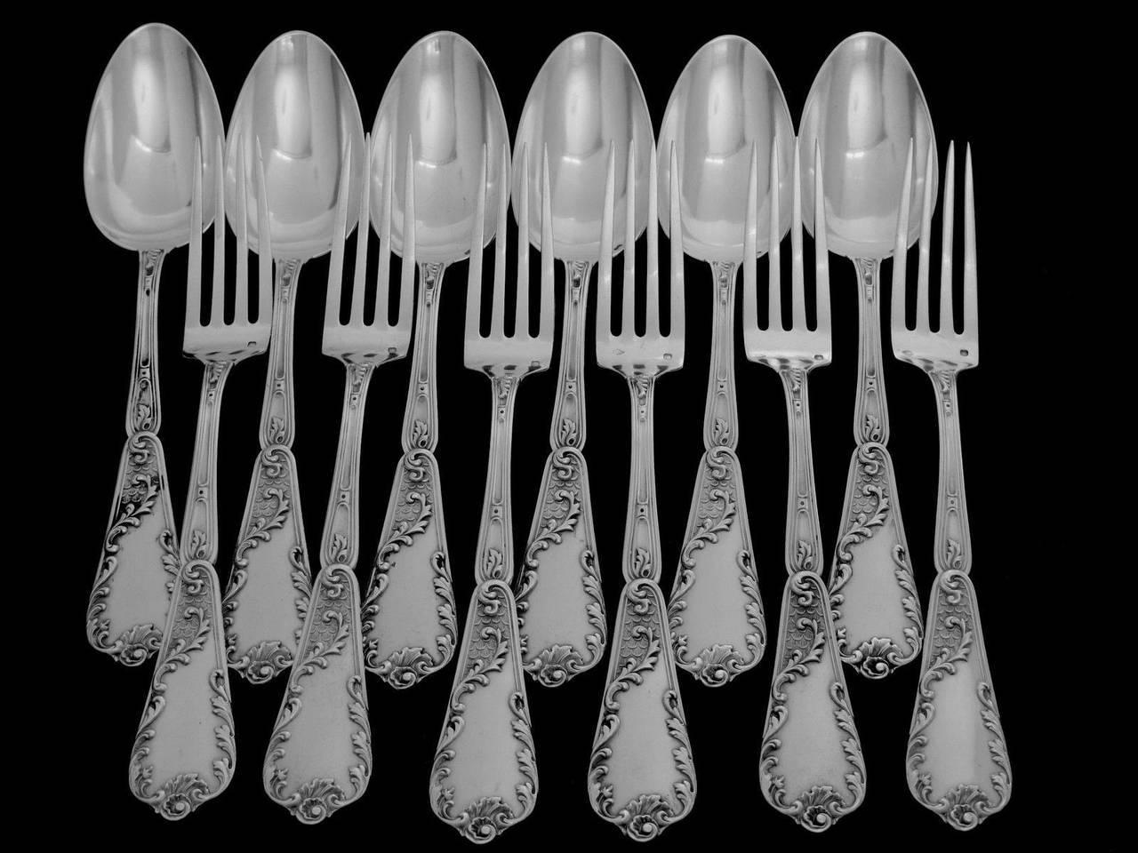 Late 19th Century Lapeyre Gorgeous French Sterling Silver Dinner Flatware Set of 12 Pieces Rococo For Sale