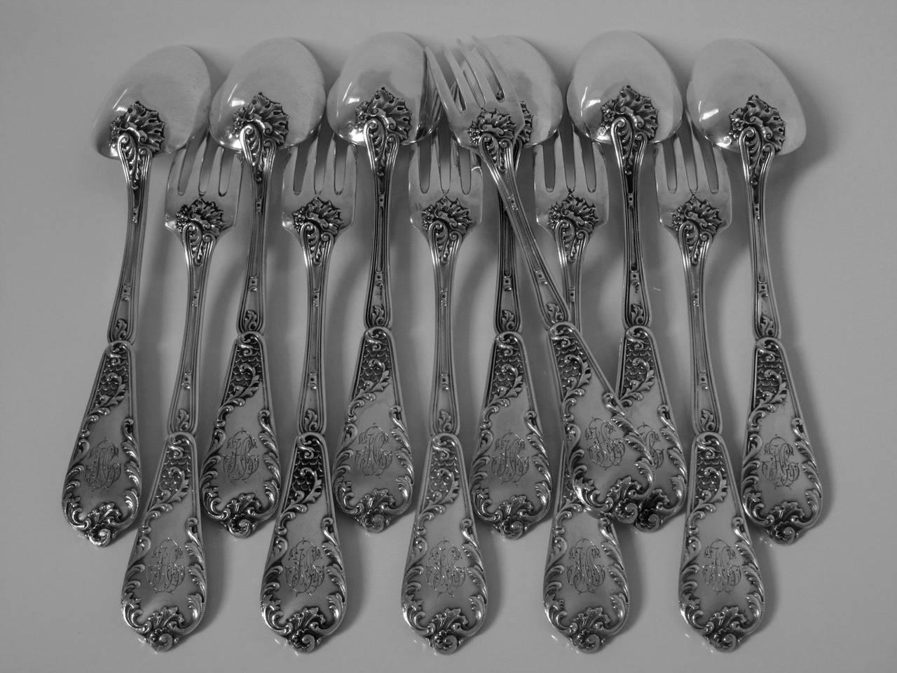 Late 19th Century Lapeyre Gorgeous French Sterling Silver Dinner Flatware Set of 12 Pieces Rococo For Sale