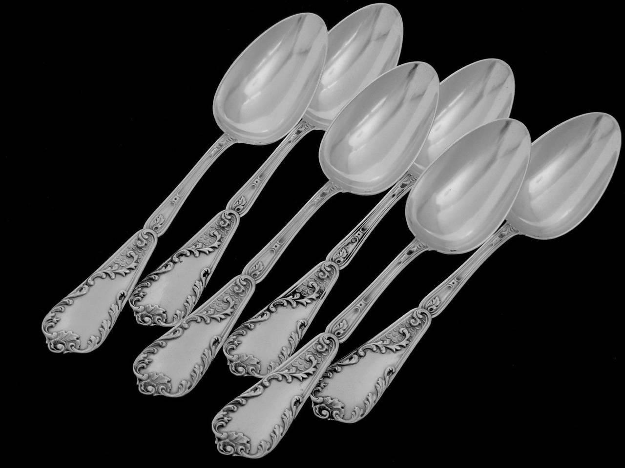 Lapeyre Gorgeous French Sterling Silver Dinner Flatware Set of 12 Pieces Rococo For Sale 1