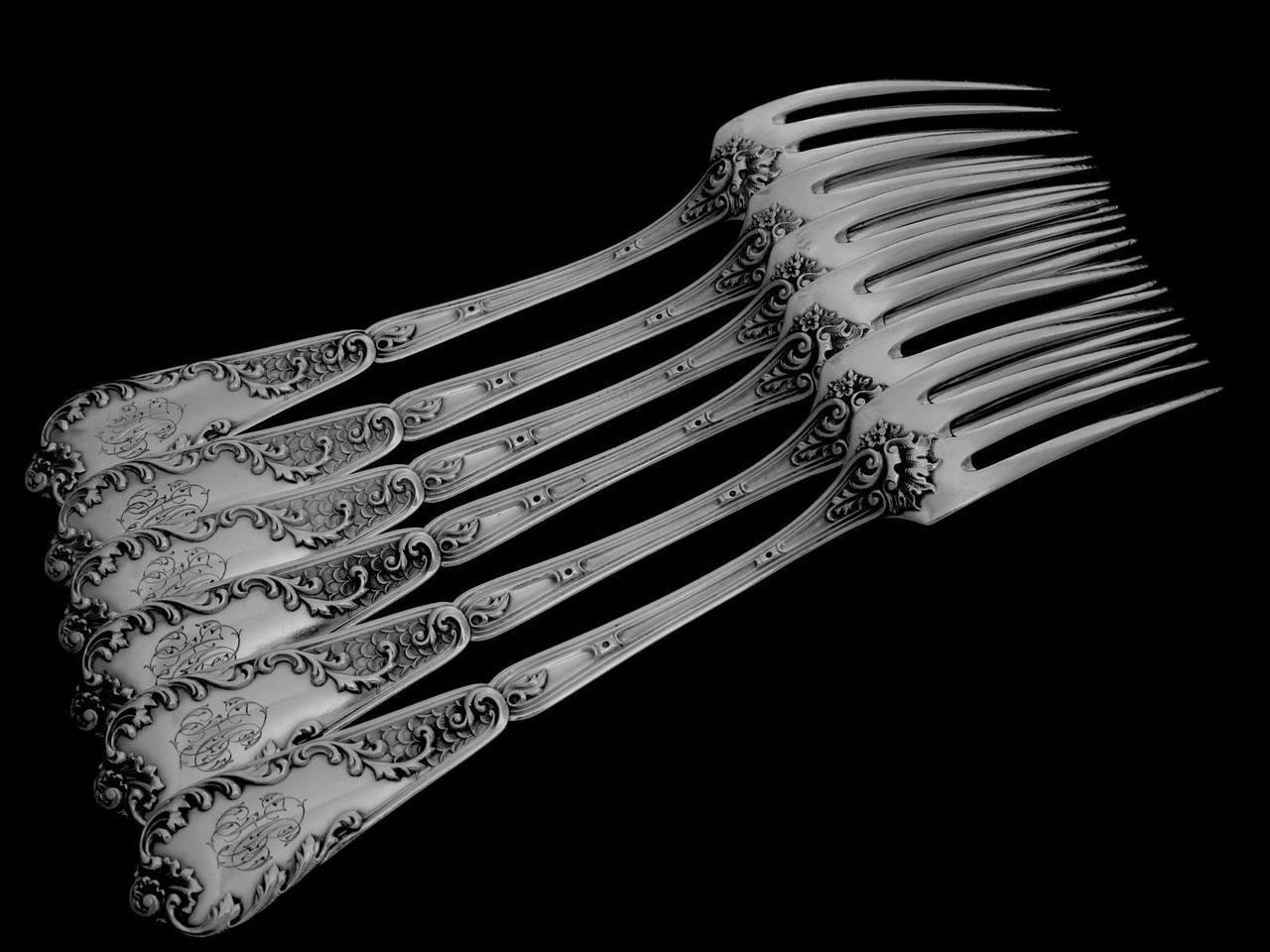 Lapeyre Gorgeous French Sterling Silver Dinner Flatware Set of 12 Pieces Rococo For Sale 2