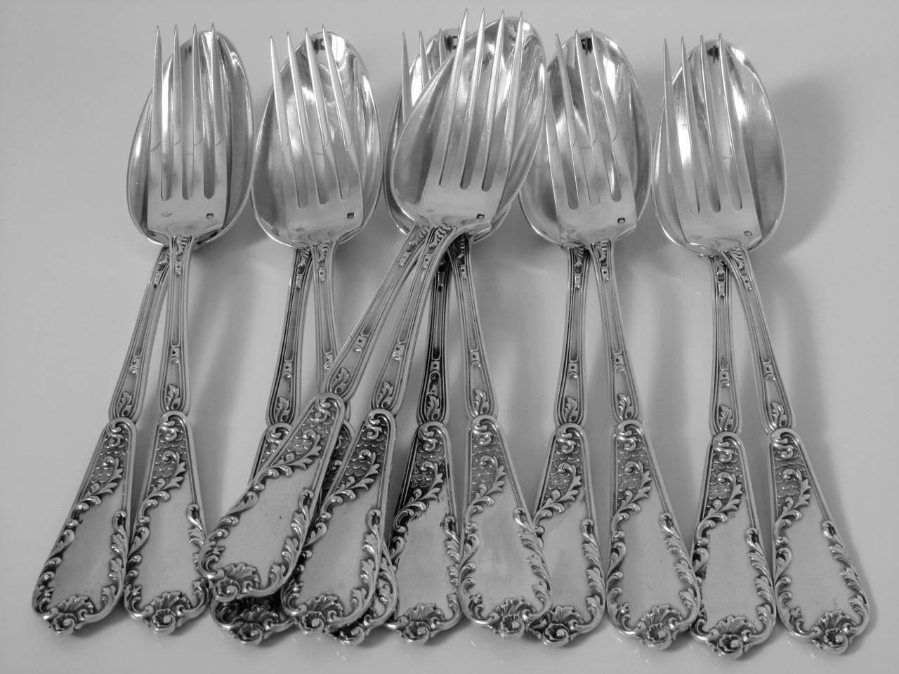 Lapeyre Gorgeous French Sterling Silver Dinner Flatware Set of 12 Pieces Rococo For Sale 4