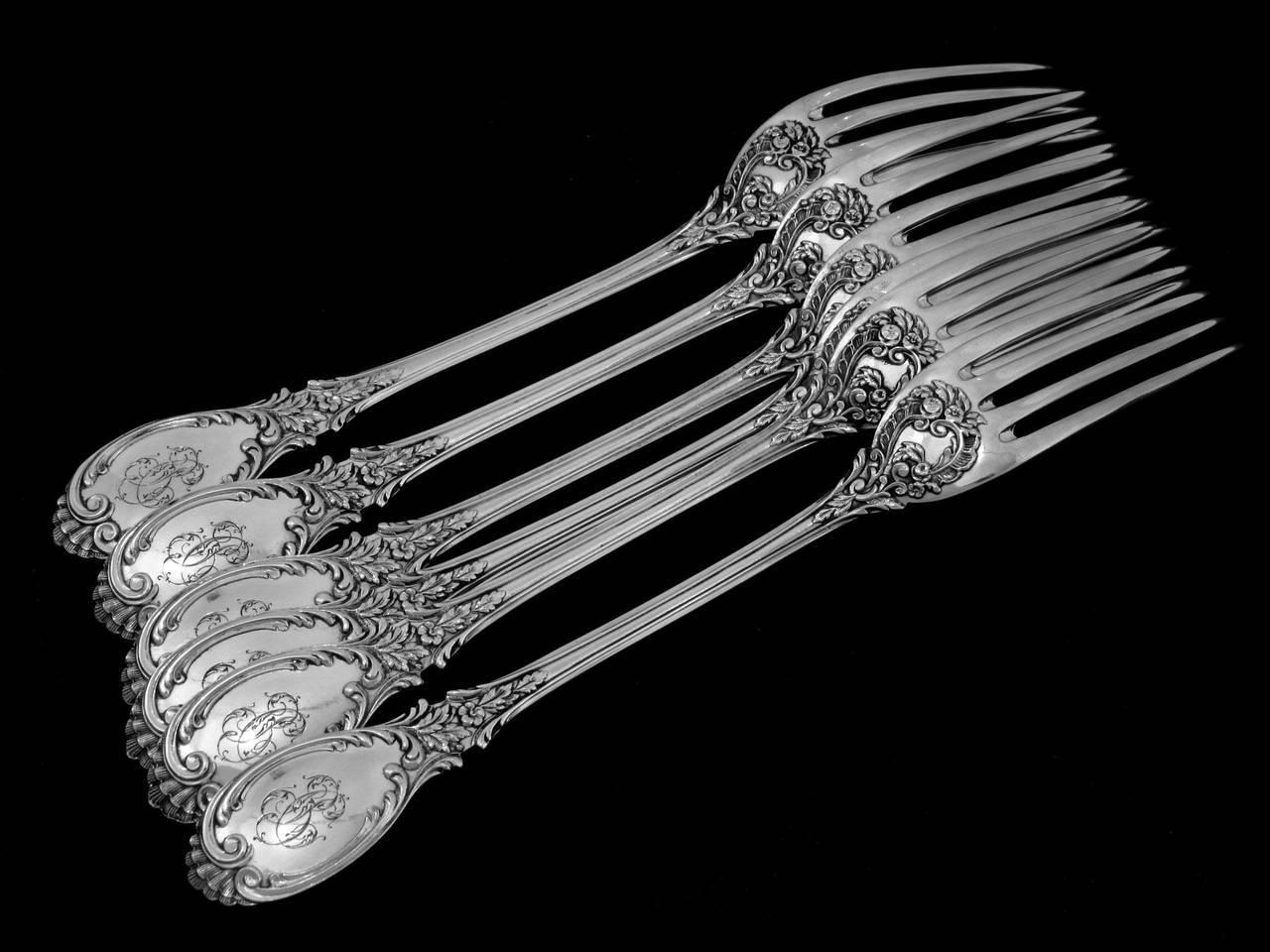 Late 19th Century Puiforcat French Sterling Silver Dessert Entremet Flatware 12-Piece Set Roses