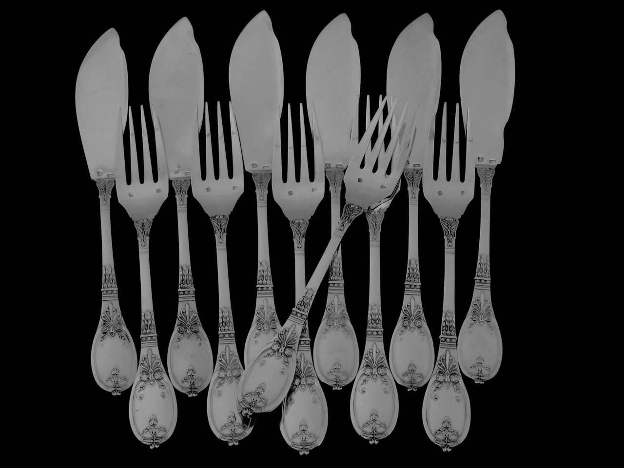 Early 20th Century Fabulous French Silver Plate Fish Flatware Set of 12 Pieces Neoclassical