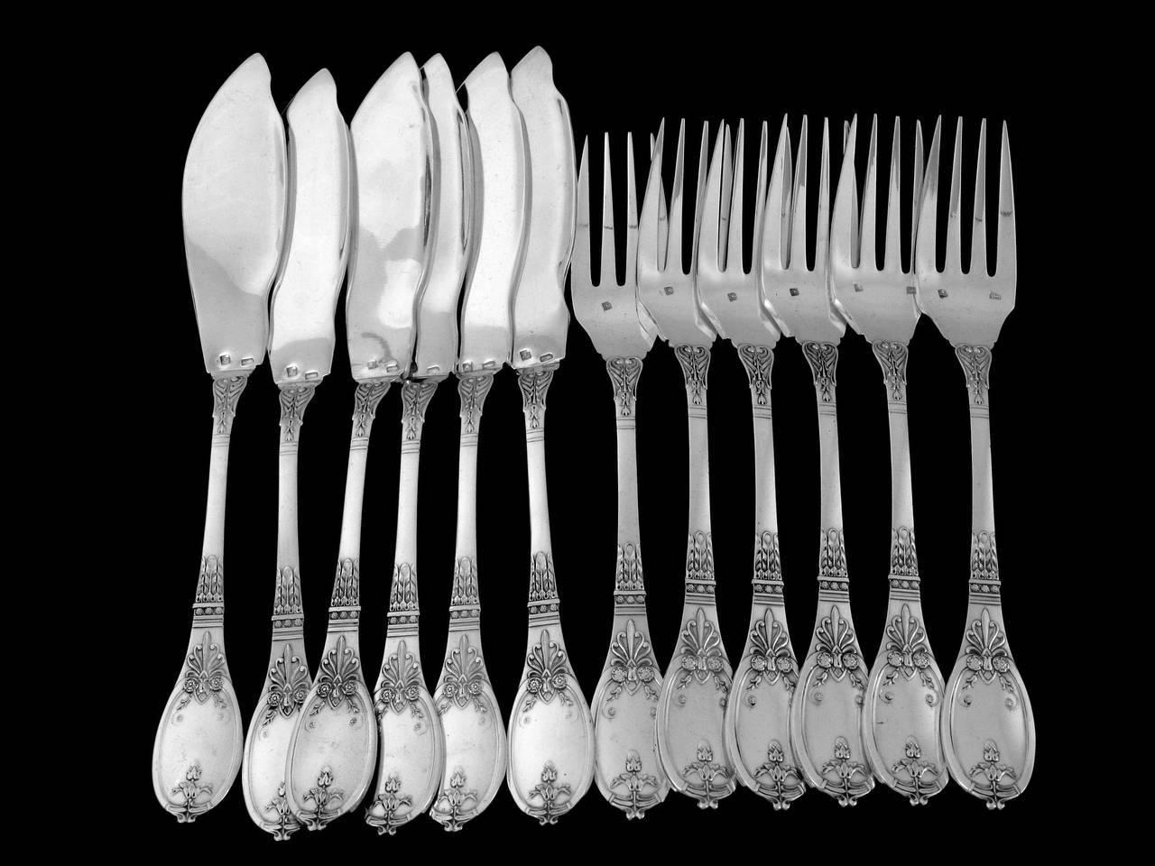 Fabulous French Silver Plate Fish Flatware Set of 12 Pieces Neoclassical 2