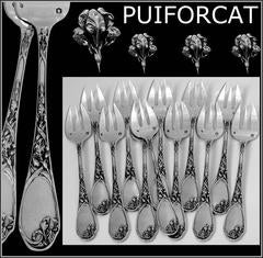 Puiforcat Fabulous French All Sterling Silver Oyster Forks Set of 12 Pieces Iris