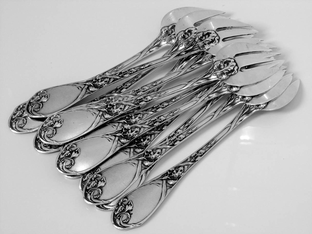 Art Nouveau Puiforcat Fabulous French All Sterling Silver Oyster Forks Set of 12 Pieces Iris For Sale