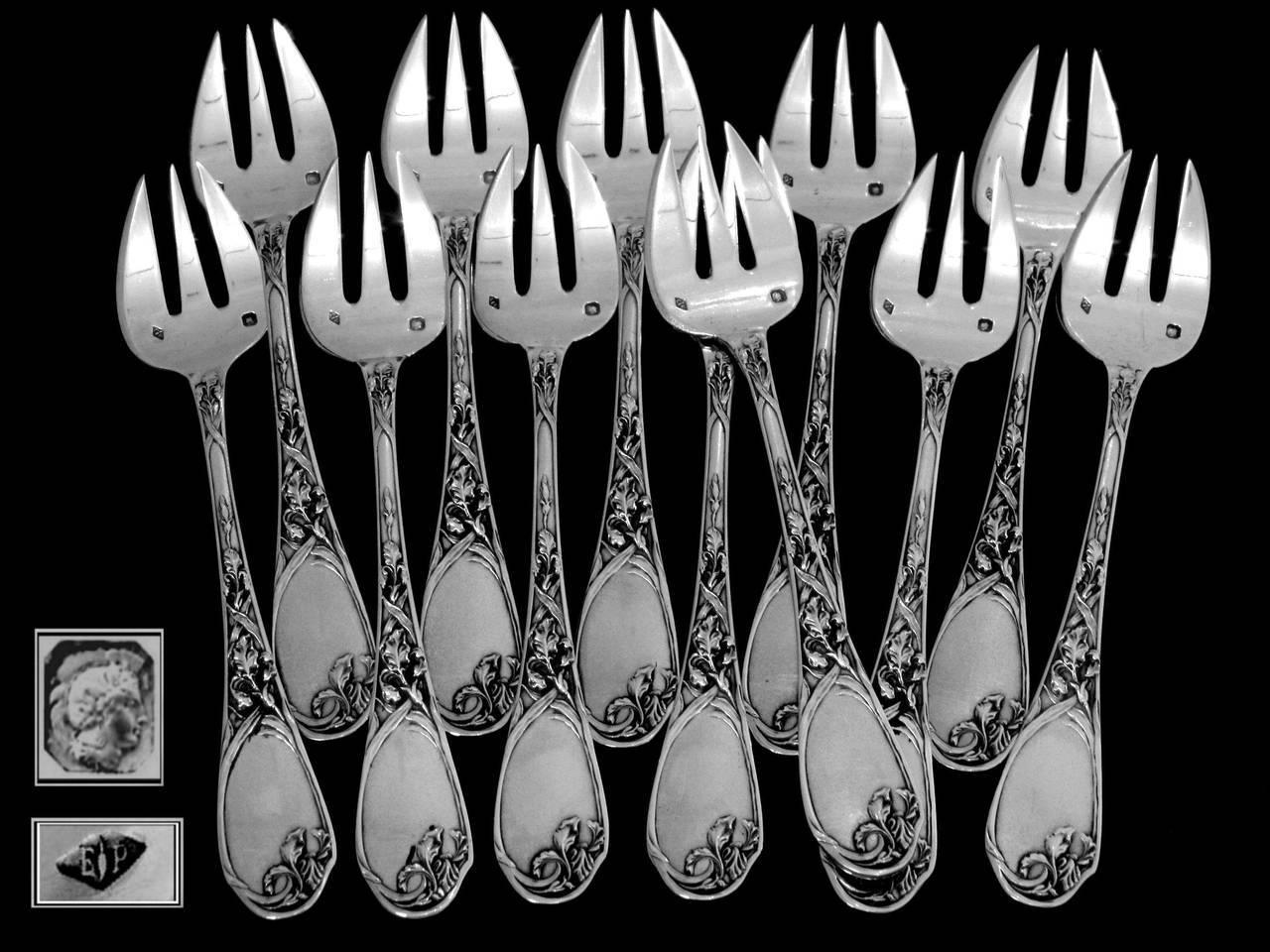 Late 19th Century Puiforcat Fabulous French All Sterling Silver Oyster Forks Set of 12 Pieces Iris For Sale