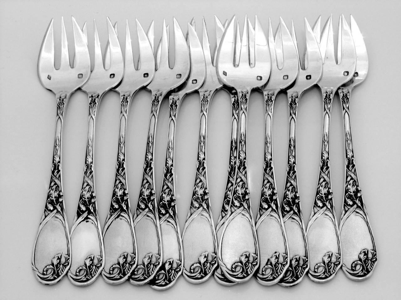 Puiforcat Fabulous French All Sterling Silver Oyster Forks Set of 12 Pieces Iris For Sale 1