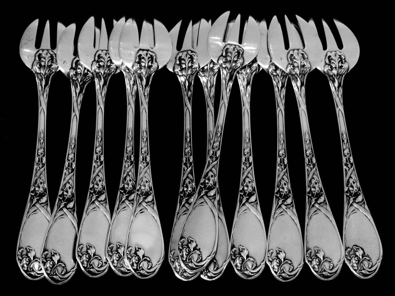 Puiforcat Fabulous French All Sterling Silver Oyster Forks Set of 12 Pieces Iris For Sale 2