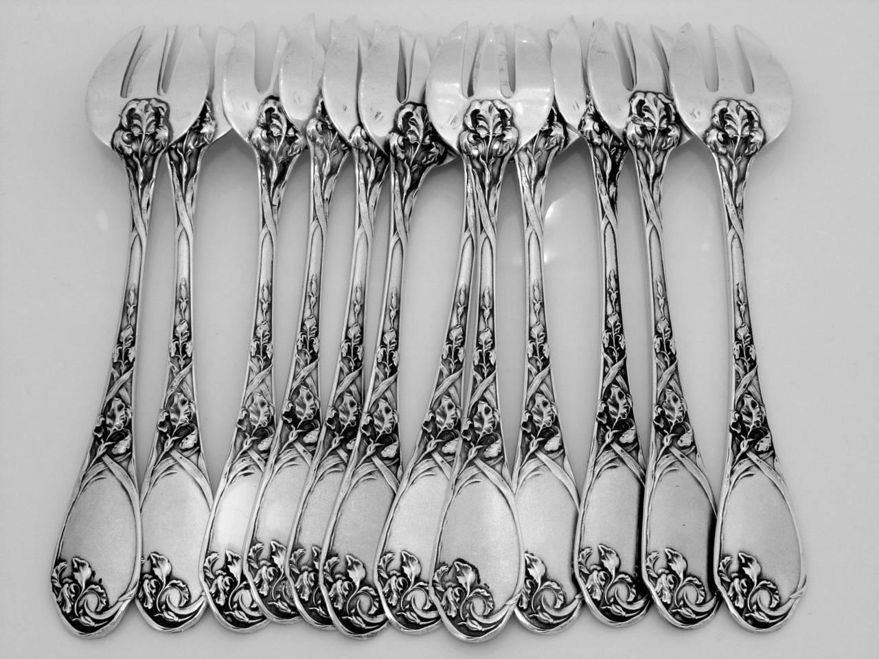 Puiforcat Fabulous French All Sterling Silver Oyster Forks Set of 12 Pieces Iris For Sale 3
