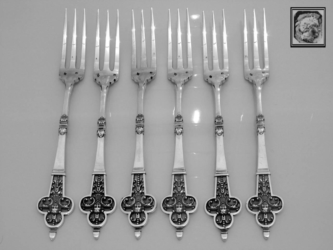 Late 19th Century Cardeilhac Masterpiece French Sterling Silver Dinner Forks Set Renaissance For Sale