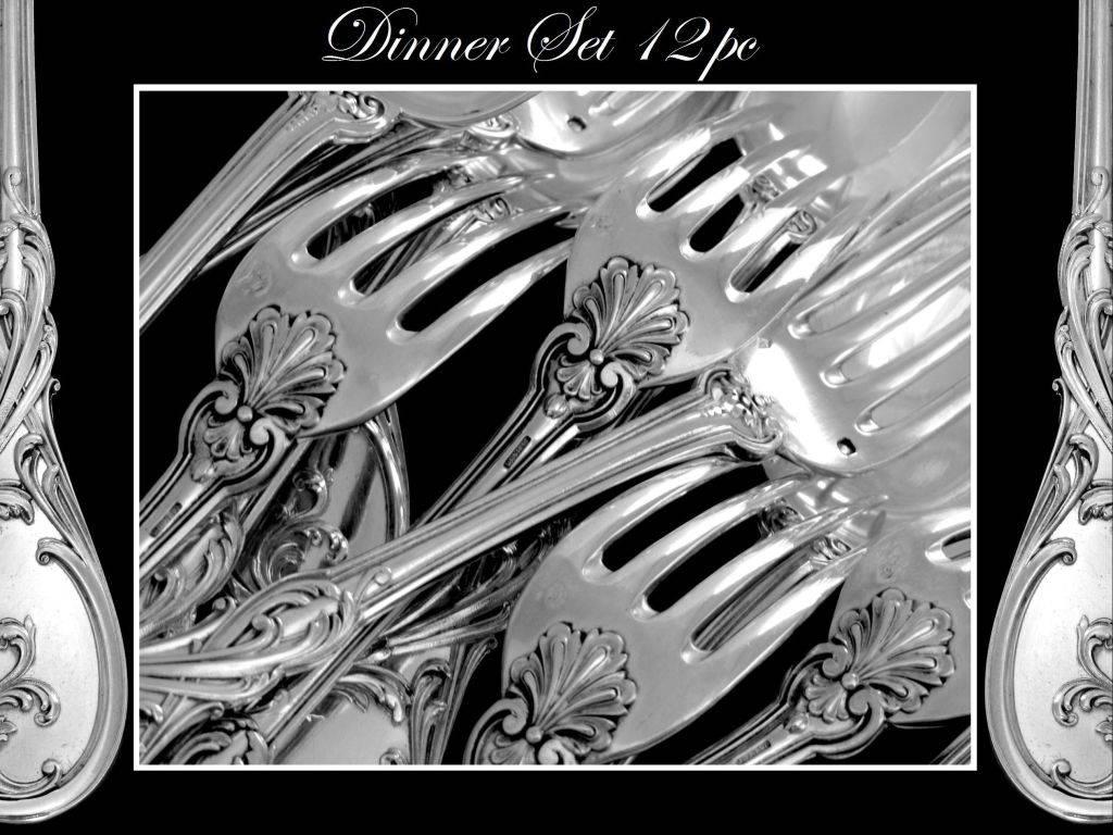 Rococo Veyrat 1850s Fabulous French Sterling Silver Dinner Flatware Set 12 Pieces For Sale