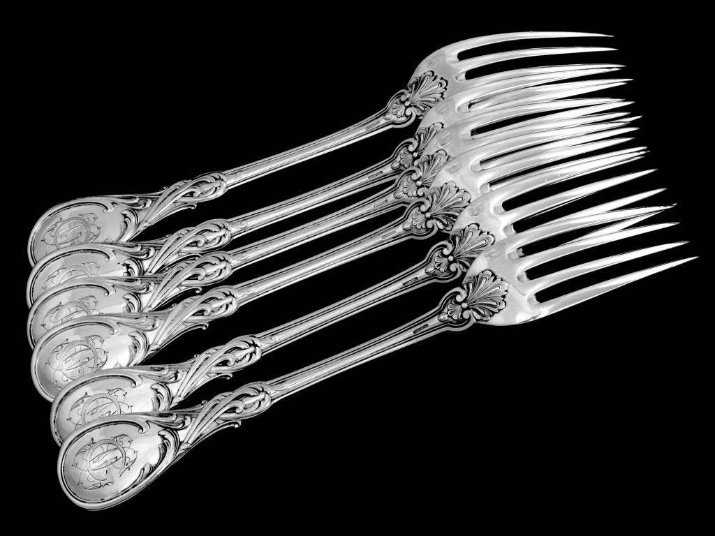 Veyrat 1850s Fabulous French Sterling Silver Dinner Flatware Set 12 Pieces In Good Condition For Sale In TRIAIZE, PAYS DE LOIRE