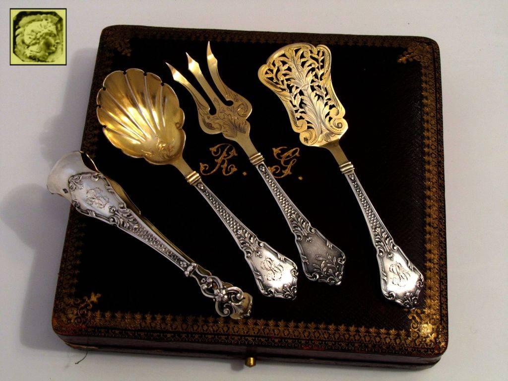 Art Nouveau Lapar French Sterling Silver 18-Karat Gold Hors D'oeuvre Dessert Set Box For Sale