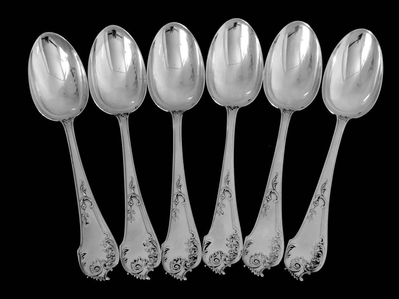 Late 19th Century Roussel Antique French Sterling Silver Dinner Flatware Set 12 Pieces Rococo For Sale