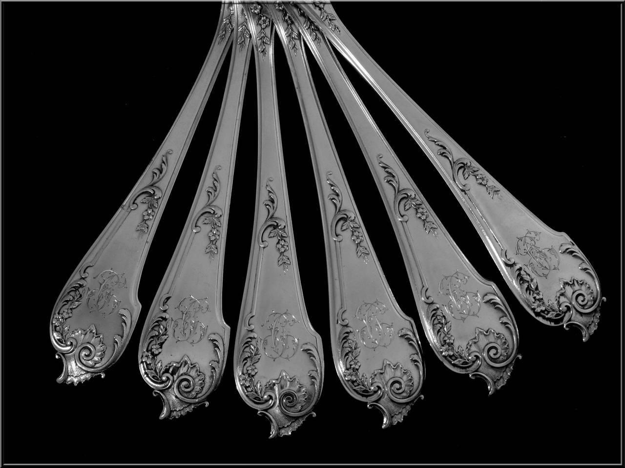 Roussel Antique French Sterling Silver Dinner Flatware Set 12 Pieces Rococo For Sale 1