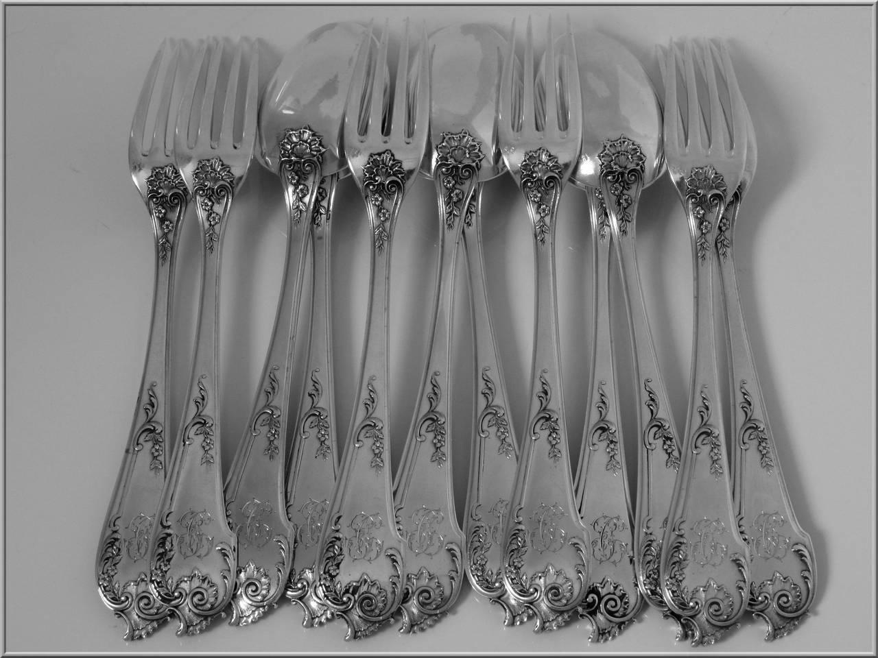 Roussel Antique French Sterling Silver Dinner Flatware Set 12 Pieces Rococo For Sale 3