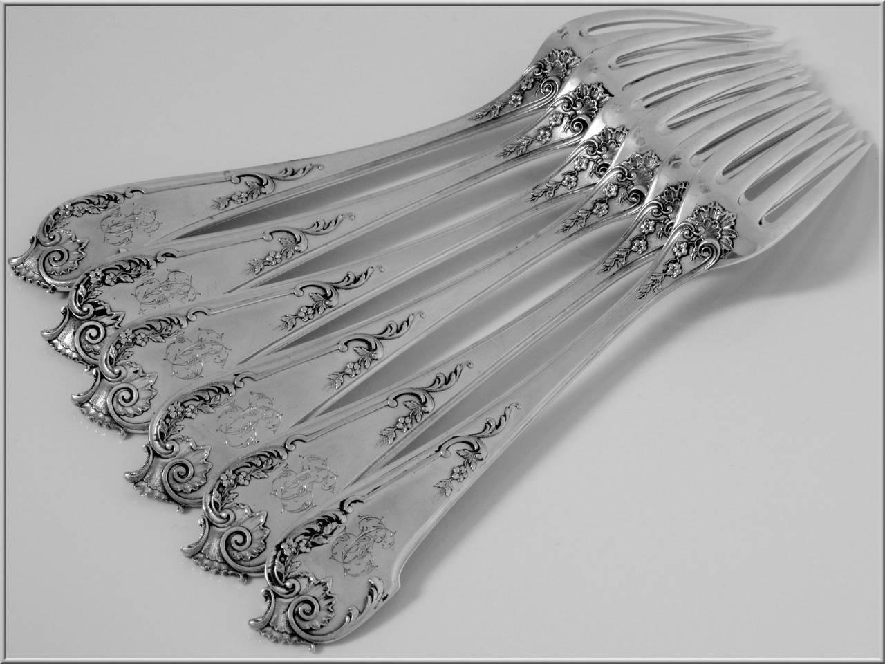 Roussel Antique French Sterling Silver Dinner Flatware Set 12 Pieces Rococo For Sale 5