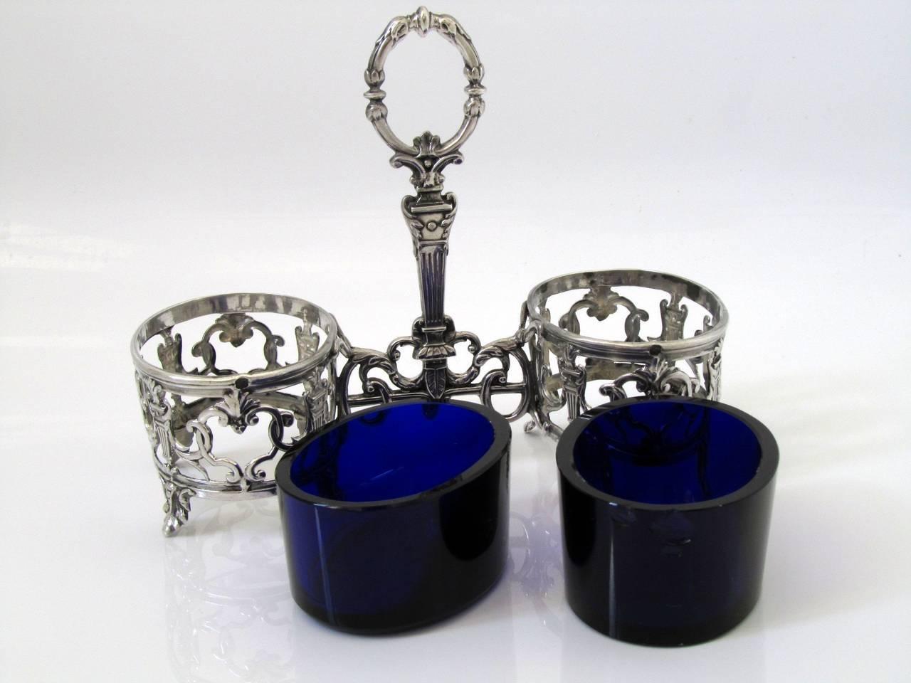 Antique French Sterling Silver and Cobalt Glass Open Salt Caddy, Napoleon III 3