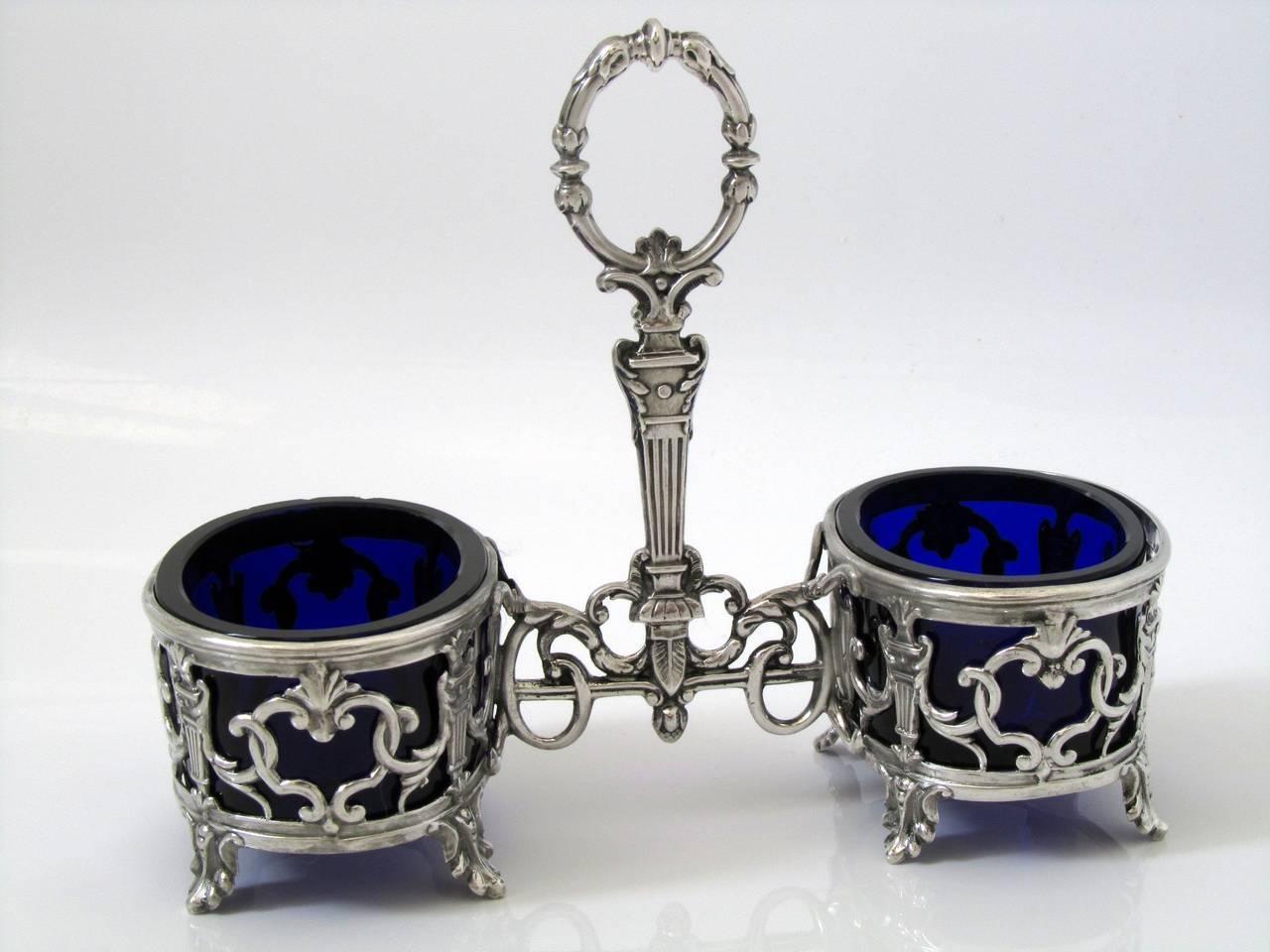 Antique French Sterling Silver and Cobalt Glass Open Salt Caddy, Napoleon III 4