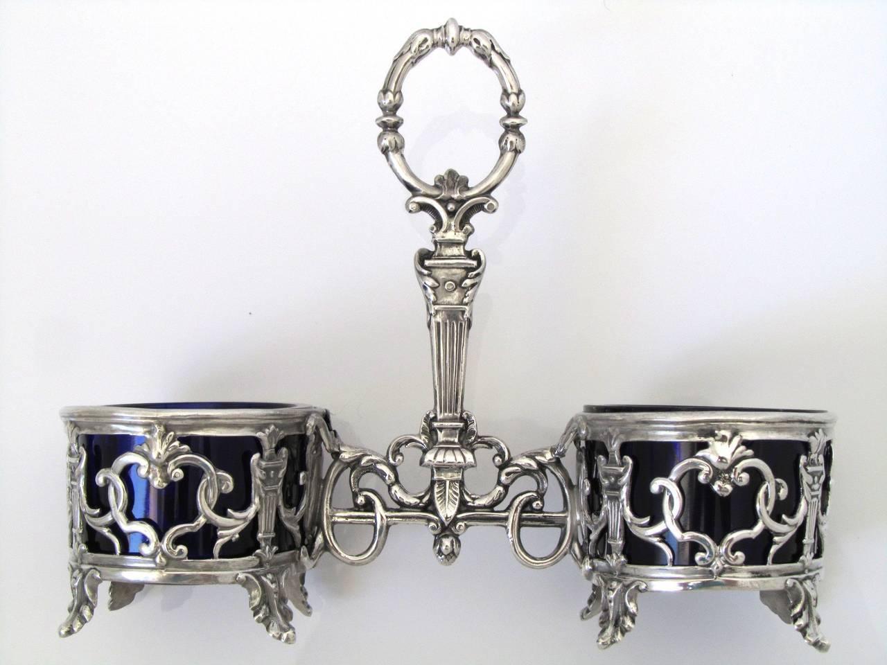 Antique French Sterling Silver and Cobalt Glass Open Salt Caddy, Napoleon III 5