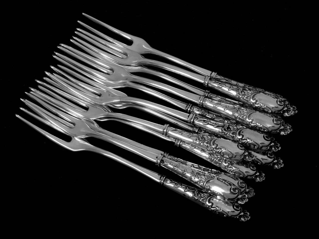Gabert French Sterling Silver Shellfish Snails Forks Set of 12 Pieces Rococo 1