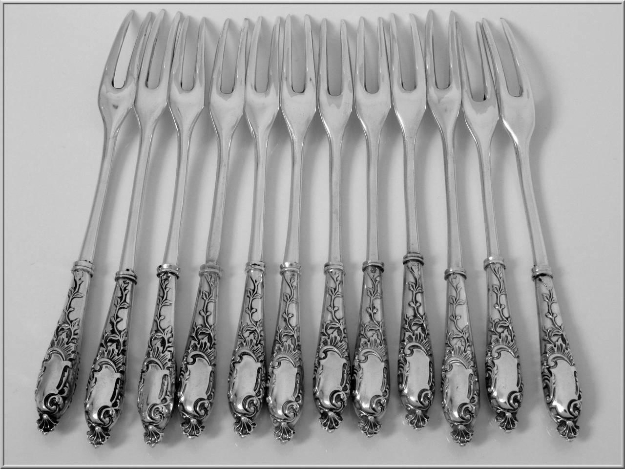 Gabert French Sterling Silver Shellfish Snails Forks Set of 12 Pieces Rococo 2