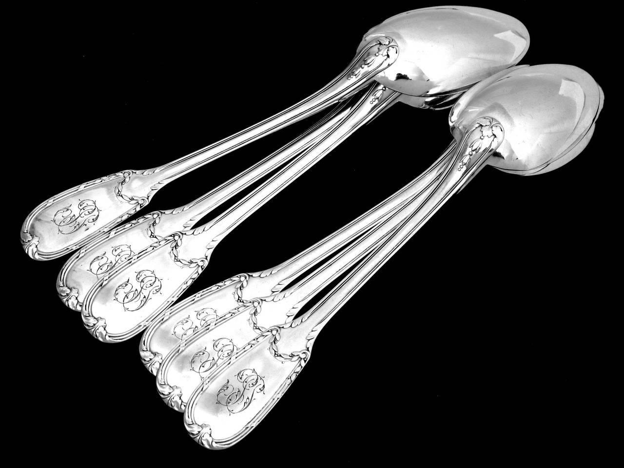 Puiforcat French Sterling Silver Dinner Flatware Set of 12 Pieces Neoclassical In Good Condition For Sale In TRIAIZE, PAYS DE LOIRE